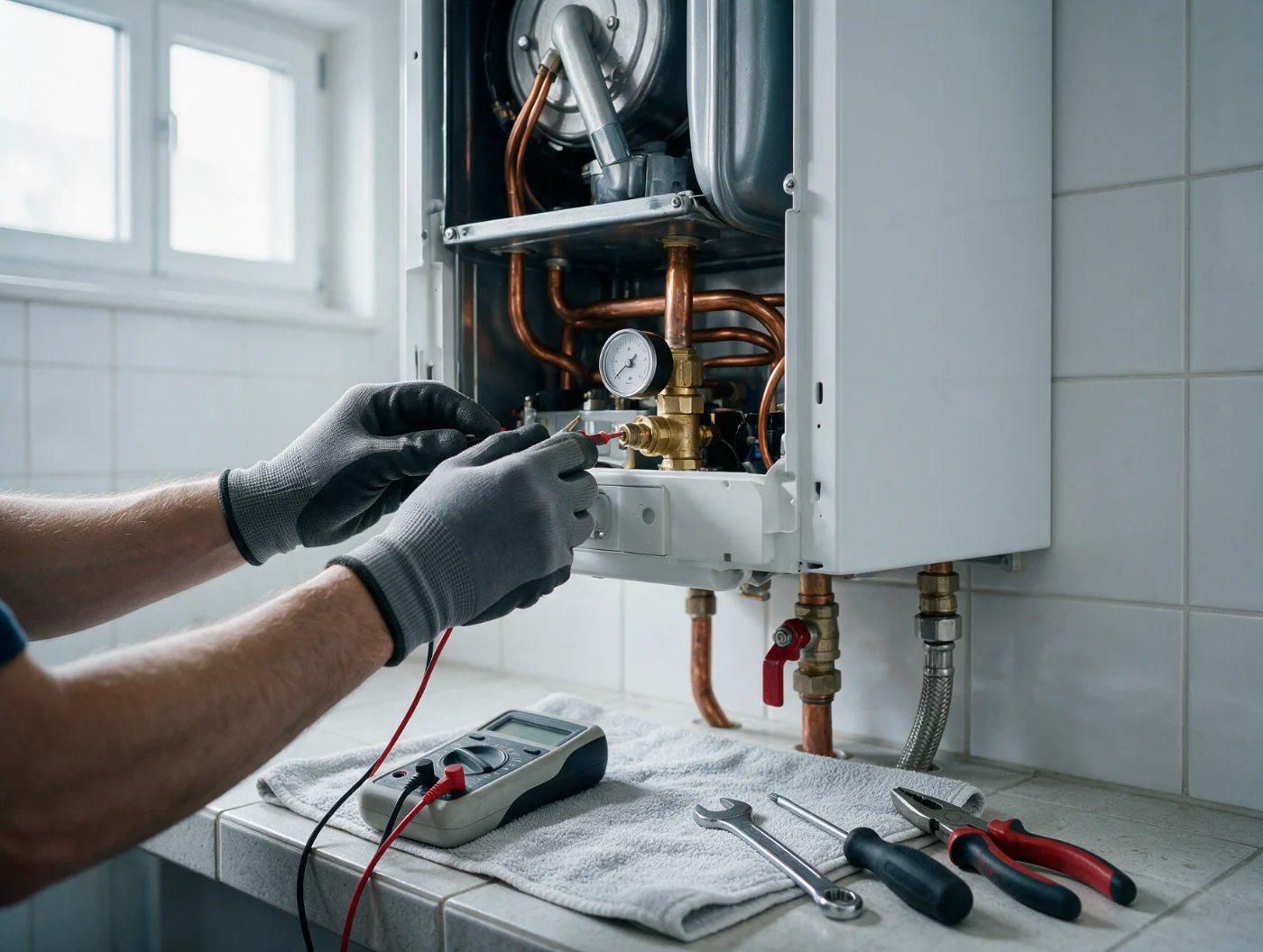 Servicetechniker prüft die Gasarmatur eines geöffneten Brennwertgeräts